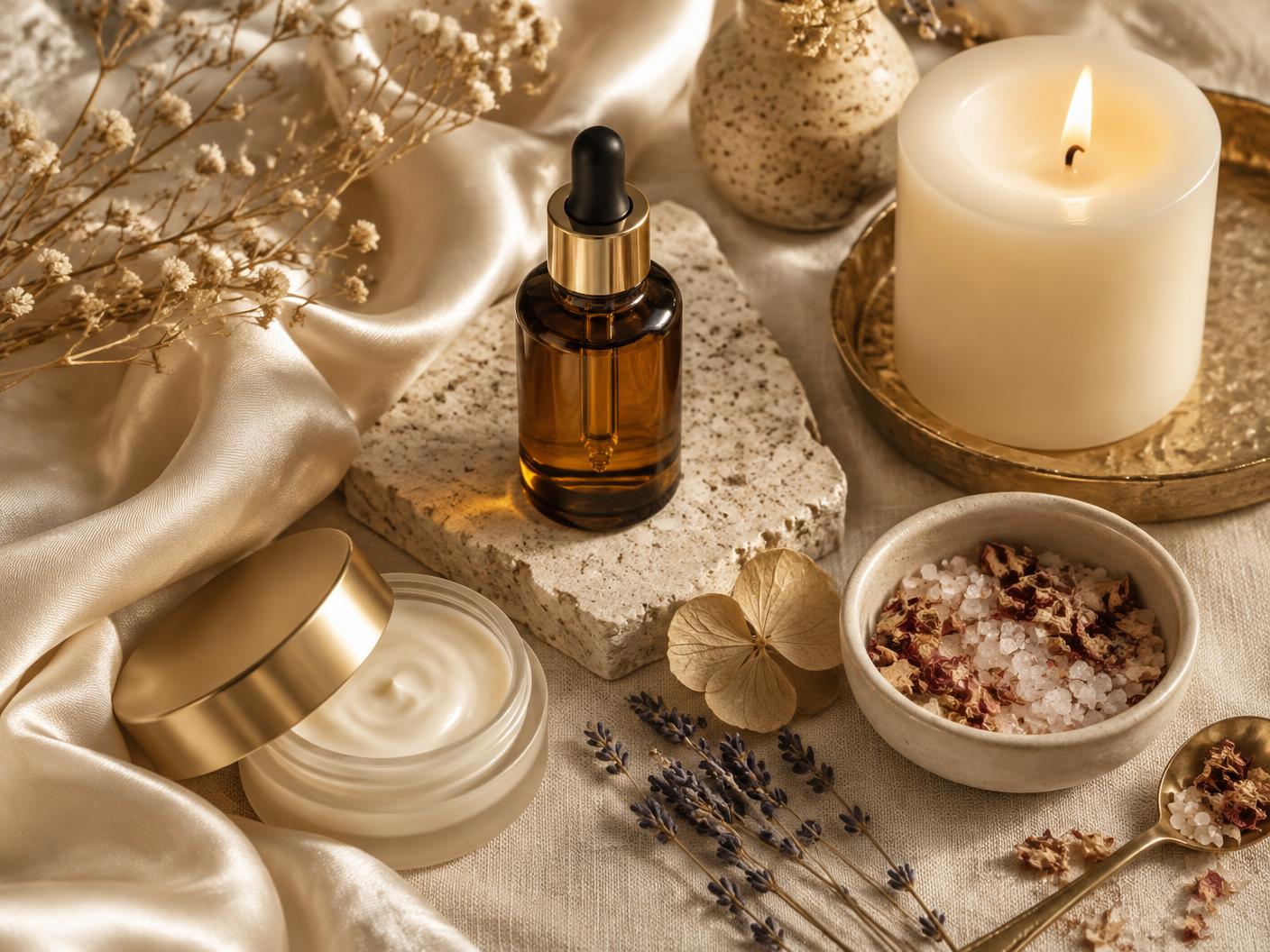 Candle, amber oil bottle and soft fabrics arranged on ivory linen