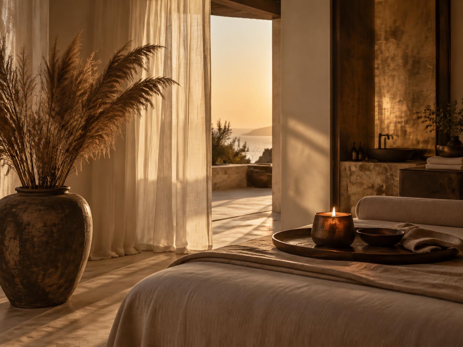 Warm, candlelit studio room with ivory linen and soft evening light